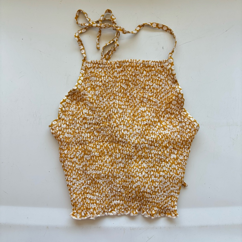 Yellow and white smocked floral halter top